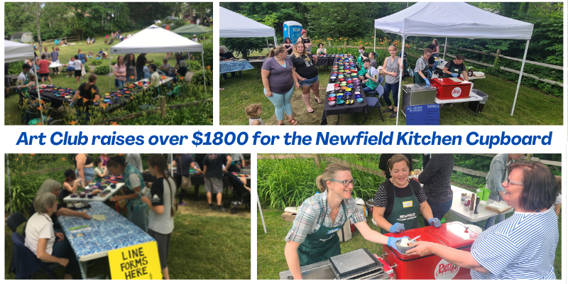 four pictures of tents, people, ceramic bowls and ice cream being served. Text: Art Club raises over $1800 for the Newfield Kitchen Cupboard.